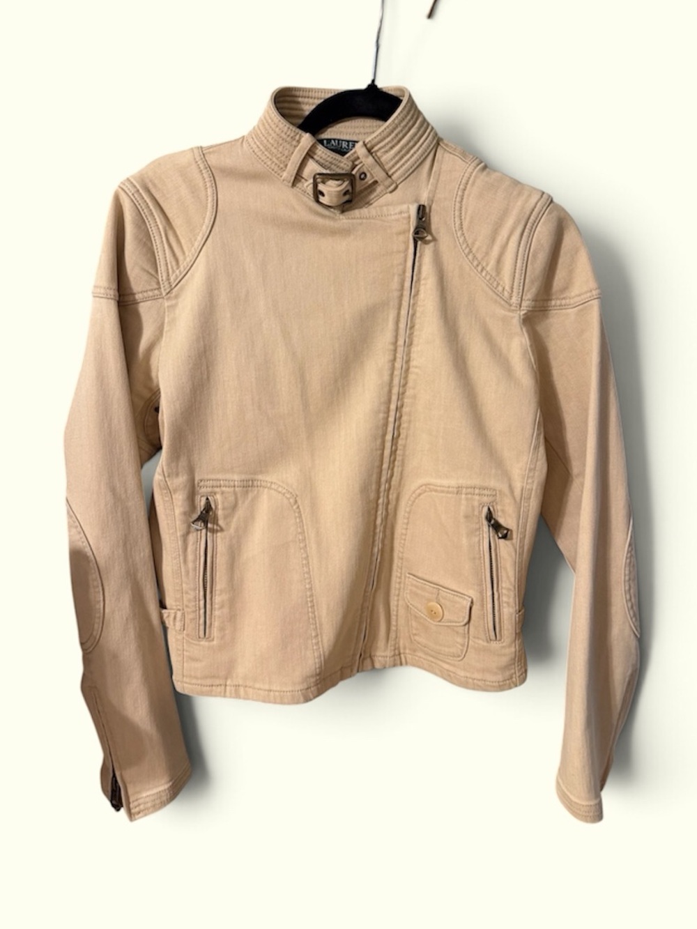 Lauren Ralph Lauren Tan Canvas Asymmetrical Moto Jacket with Buckle Collar small